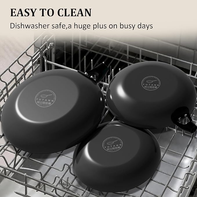 YUTANN Non Stick Frying Pans Set - 8, 10 & 12 Inch Cast Iron Skillets, Pre-Seasoned Diamond Texture Bottom for Oil-Saving Cooking, PFAS/PFOA Free, Detachable Handles, Induction & Oven Safe