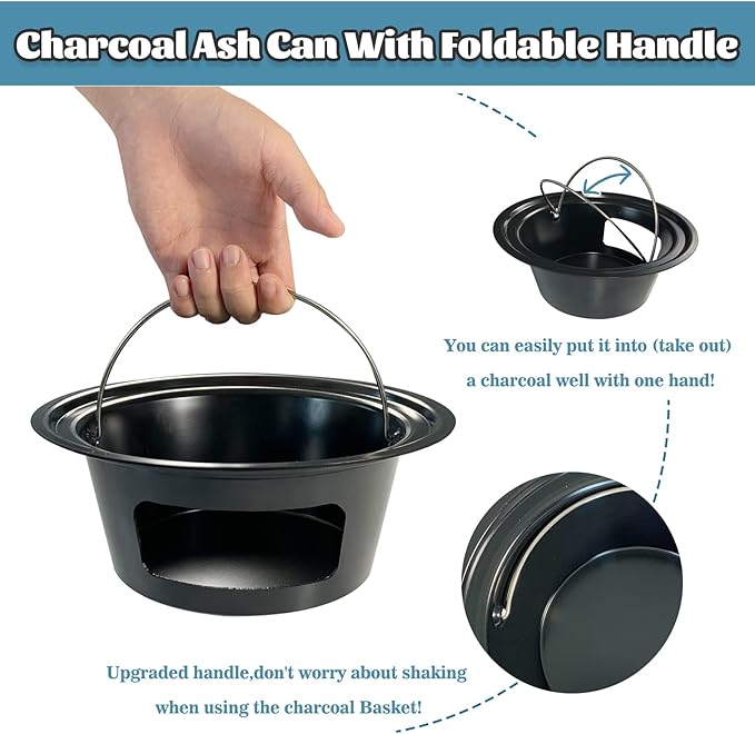 KAMaster Ash Can with Handle for Large Big Green Egg,Charcoal Ash Collector Must Haves Big Green Egg Accessories Carbon Steel Ash Pot High Temperature Resistance with Folding Handle Kamado Ash Basket