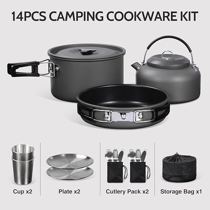 REDCAMP Stainless Steel Camping Mess Kit, Camping Dishes Set for 4, Camp Plate Set with Bowls Plates Cups Forks Spoons, for Backpacking, Outdoor Backpacking Hiking and Picnic