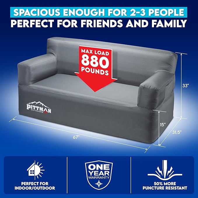 Pittman - Camping Inflatable Furniture Set with Built in Pump for Outdoors & Indoors - Blow Up Couch Set has Heavy Duty Puncture Resitant Fabric for Inflatable Sectional Comfort & Durability
