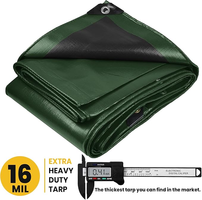 PROTARP Extra Heavy Duty 16 Mil Tarp Cover, Waterproof, UV Resistant, Rip and Tear Proof, Poly Tarpaulin with Reinforced Edges for Roof, Camping, Patio, Pool, Boat. (Green/Black 24′ X 36′)