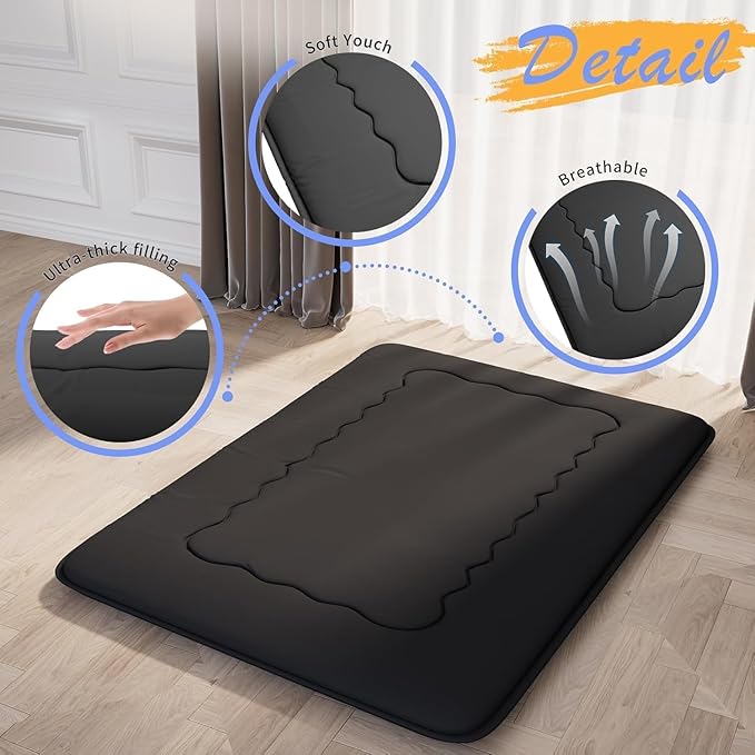 Japanese Futon Mattress, Foldable Tatami Mat Portable Dormitory Sleeping Pad with Bag & Strap, Floor Thicken Sleeping Roll up Camping Mattress (Black WS1, 39" X80")