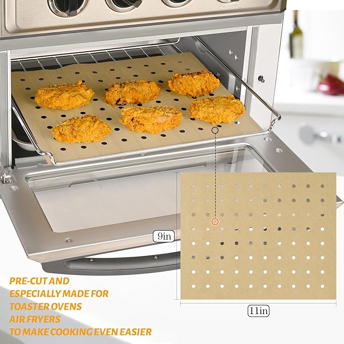 WMKGG 200 PCS Unbleached Air Fryer Parchment Paper, 11 x 9 inch Perforated Rectangular Air Fryer Toaster Oven Disposable Liners for Cuisinart, Ninja Foodi, Breville, Gowise, Black Decker
