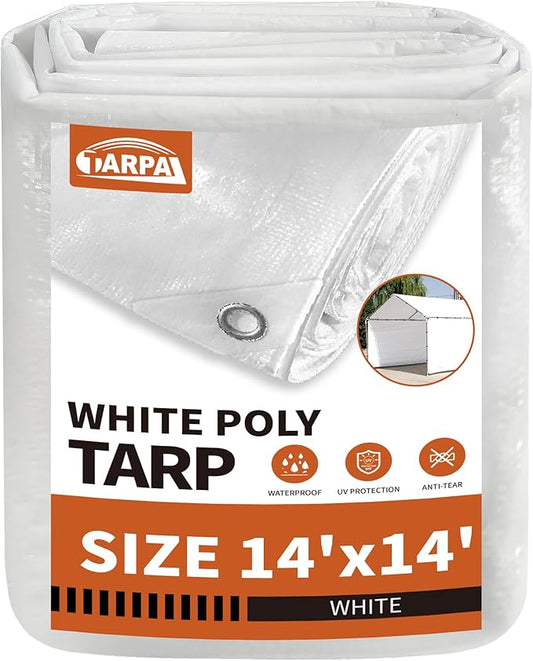 TARPAL 14'x14' White Tarp Waterproof 7.5 mil Medium Duty All Purpose Poly Tarps Cover Waterproof,Snow Proof UV Protection,Rip and Tear Proof,Poly Tarpaulin
