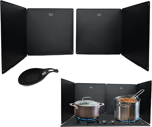 Extra Large Stainless Steel Oil Splash Guard, Heavy-Duty Nonstick Stove Backsplash Protector for Stove Top & Frying [Set of 2 with 2 Panels each - 15.7” x 15.7”] with Spoon Rest.