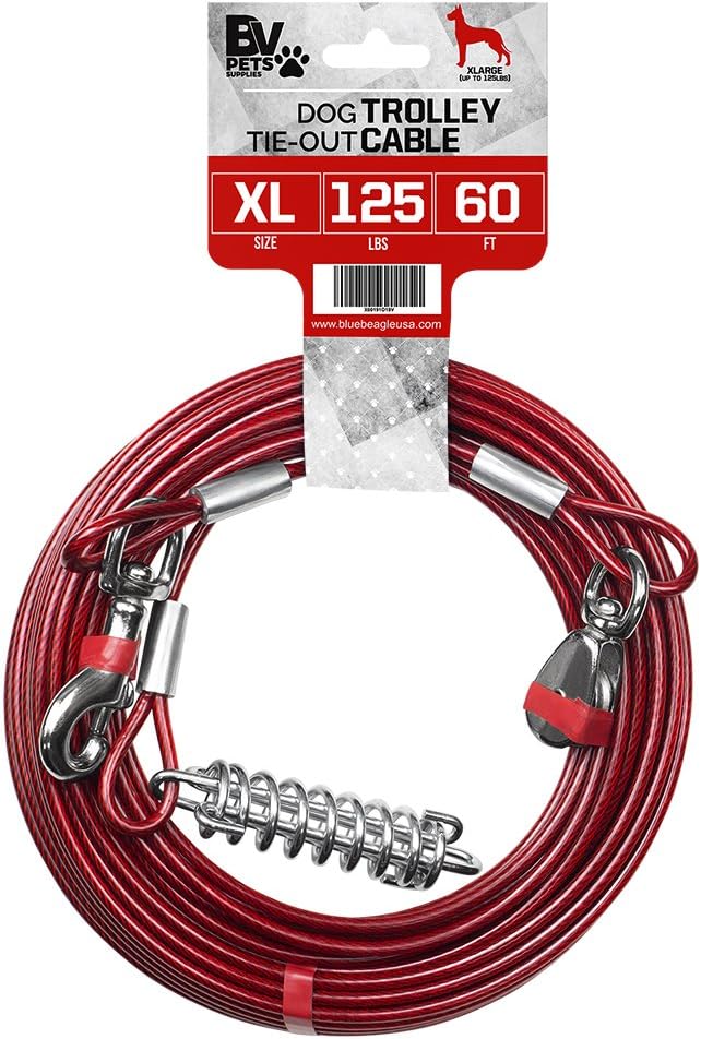 BV Dog Tie Out Trolley System for Yard - 60ft Dog Run Cable with 10ft Pulley Runner Lead - Heavy Duty Reflective Cable for Dogs up to 125 lbs, Rust-Resistant & Tangle-Free Outdoor Runner