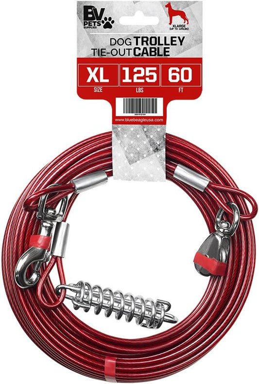 BV Dog Tie Out Trolley System for Yard - 60ft Dog Run Cable with 10ft Pulley Runner Lead - Heavy Duty Reflective Cable for Dogs up to 125 lbs, Rust-Resistant & Tangle-Free Outdoor Runner