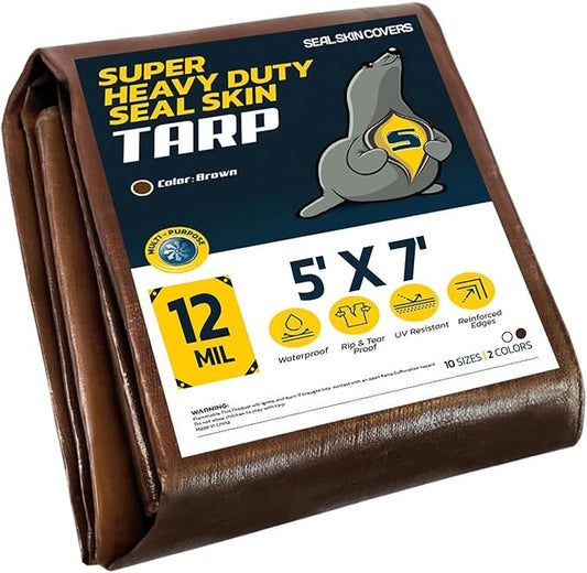 Seal Skin Covers Heavy Duty Waterproof Tarp 5x7 FT, 12 Mil 8 OZ 120 GSM Thick Brown Poly Tarp with Rustproof Grommets, Tear-Proof Cover with Reinforced Edges for Camping, Pool, Canopy Use
