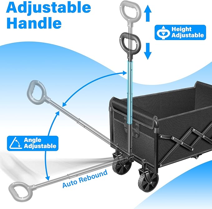 Wagons Carts Foldable, Collapsible Wagon Cart with Wheels - Beach Wagon Cart with Wheels for Sand Sports Camping Grocery, Black