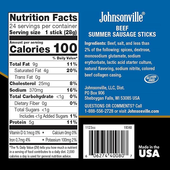 Johnsonville Summer Sausage Snack Sticks - Dairy Free, Gluten Free Protein Snacks, Jerky Snack Packs - Beef, 1 oz., 24-Pack