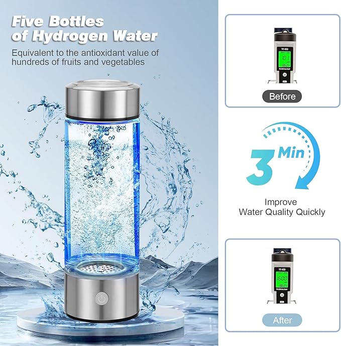2025 New Hydrogen Water Bottle, Rechargeable Hydrogen-Rich Water Generator Machine with SPE PEM Technology,for Home Office Travel Fitness Drinking, Portable, Glass, Stainless Steel, 450ml