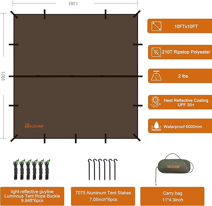 Waterproof Camping Tarp，210T Ripstop Polyester Fabric with 6000mm PU Waterproof Rating Hammock Rain Fly,Tent Tarp Shelter Canopy，Camping Traveling Awning Backpacking Tarp(Brown 10×10ft)