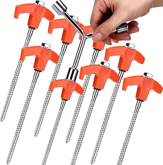 8" Screw in Tent Stakes - Ground Anchors Screw in, Camping Tent Accessories, Metal Threaded Tent Spikes, Tent Stakes for Outdoor Camping,Y-Shaped 3 Way Wrench (9)