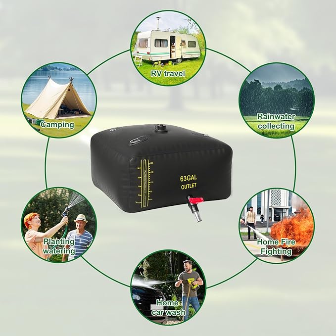 240L/63 Gal Water Bladder with Water Level Indicator, PVC Foldable and Portable Water Tank with 3 Connectors and Overflow Kit, Ideal for RV, Camping, Rainwater Collecting,Planting Watering