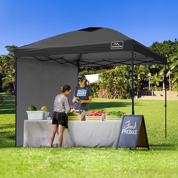 KAMPKEEPER 10x10 Pop Up Canopy Tent with 2 Sidewalls, Beach Tent - Easy Outdoor Sun Shade for Events, Parties, Camping - Gazebo with 4 Weight Bags & Carry Bag. (Black)
