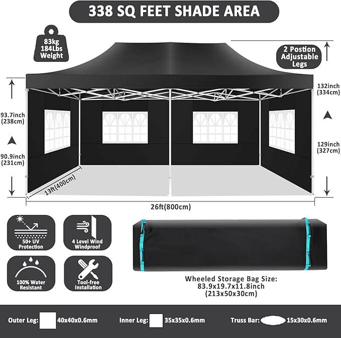 COBIZI 13x26 Pop Up Canopy with 6 Sidewall,Heavy Duty UPF 50+ All Season Wind Waterproof Commercial Outdoor Wedding Party Tents for Parties Canopy Gazebo with Roller Bag(13 x 26 ft Black)