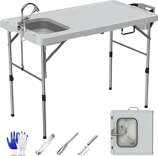 Foldable Fish Cleaning Table, Portable Camping Table with Sink & Measurement Markers with Faucet & Spray Gun for Camping, Patio, Kitchen, RV & Beach