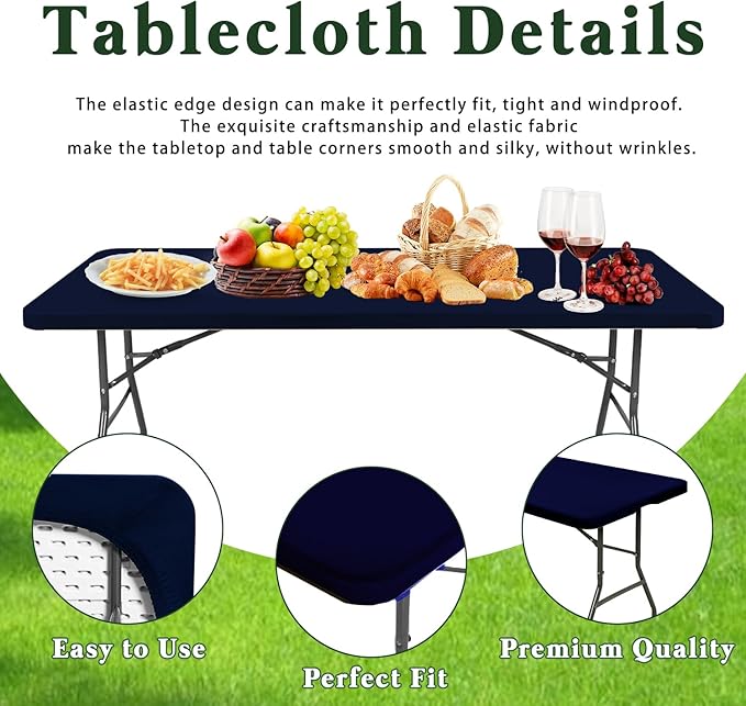 6 Foot Picnic Table Cover Fitted Elastic Tablecloth for Rectangle Table 10 Pack Waterproof Stretch Washable Folding Indoor Outdoor Spandex Tablecloth for Parties Banquet Camping (Navy Blue,30" x 72")