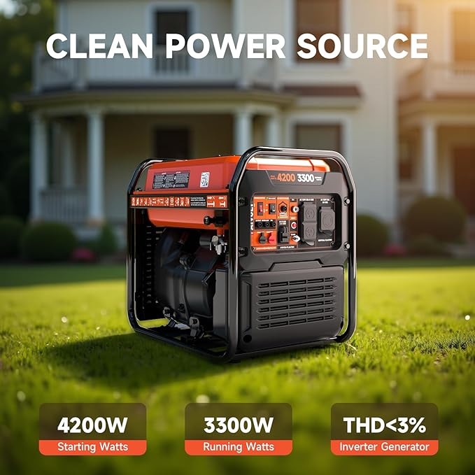 Inverter Generator 4200W, Portable Generator Gas Powered with Long Runtime, CO Sensor, Low Oil Shutoff, Quiet Running, Open Frame Power Supply for Home Use, RV, Camping, Worksite
