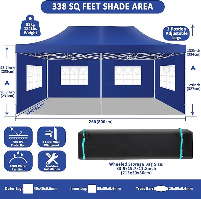 COBIZI 13x26 Pop Up Canopy with 6 Sidewall,Heavy Duty Canopy UPF 50+ All Season Wind Waterproof Commercial Outdoor Wedding Party Tents for Parties Canopy Gazebo with Roller Bag(13 x 26 ft Dark Blue)