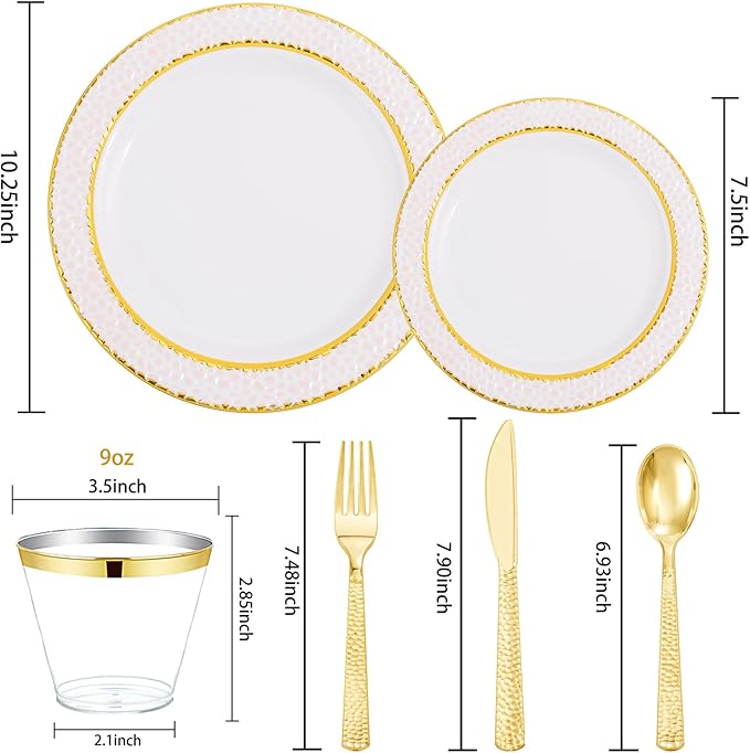 Ciaell 150PCS Pink Plastic Plates – Disposable Pink and Gold Plates Set include 50Plates, 25Forks, 25Knives, 25Spoons, 25Cups for Wedding & Party