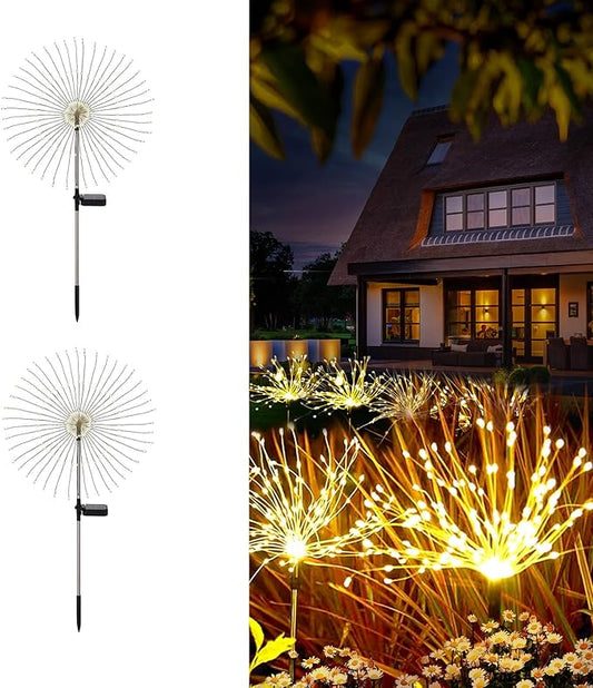 Solar Fireworks Lights for Outside, 150LED 8 Modes Fireworks Solar Lights Outdoor, Fairy Garden Flowers for Yard Pathway Wedding Party Christmas Diwali Garden Decor 2Pack (Warm White)