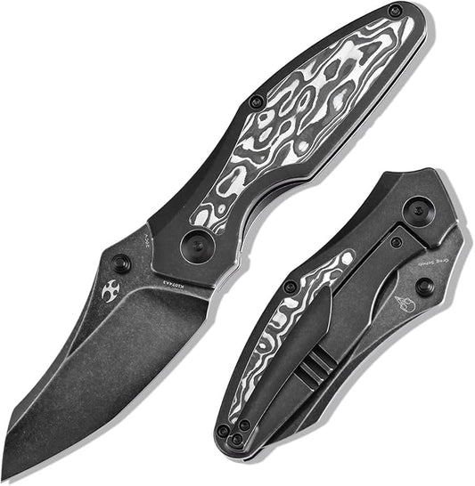 KANSEPT Baba Yaga Pocket Folding Knives for Men Women Camping Hiking Pocket Knife 3.06'' Blackwash CPM 20CV Blade with Titanium Black White Nebula Carbon Fiber Inlay Handle Everyday Carry K1074A3