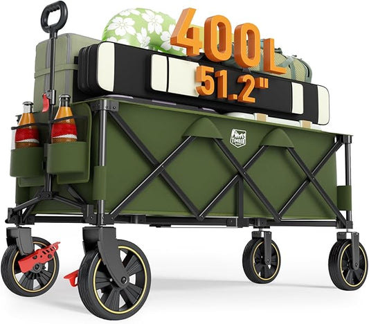 Timber Ridge 51.2'' Extended Collapsible Wagon Cart with Brakes and Cargo Net, Heavy Duty Foldable Utility Wagon with Adjustable Handle, 400L Capacity Portable Cart for Camping Sports Shopping