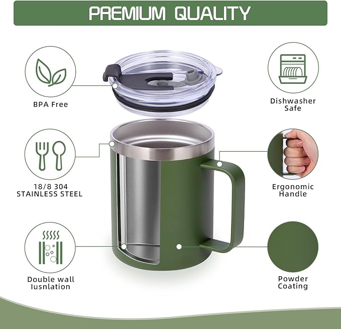 Volhoply 12oz Insulated Leakproof Coffee Mug with Flip & Straw Lid Bulk 4 Pack,Double Wall Vacuum Stainless Steel Travel Tumbler Cup with Handle,Camping Mugs Keep Cold/Hot(Army Green,4 Set)