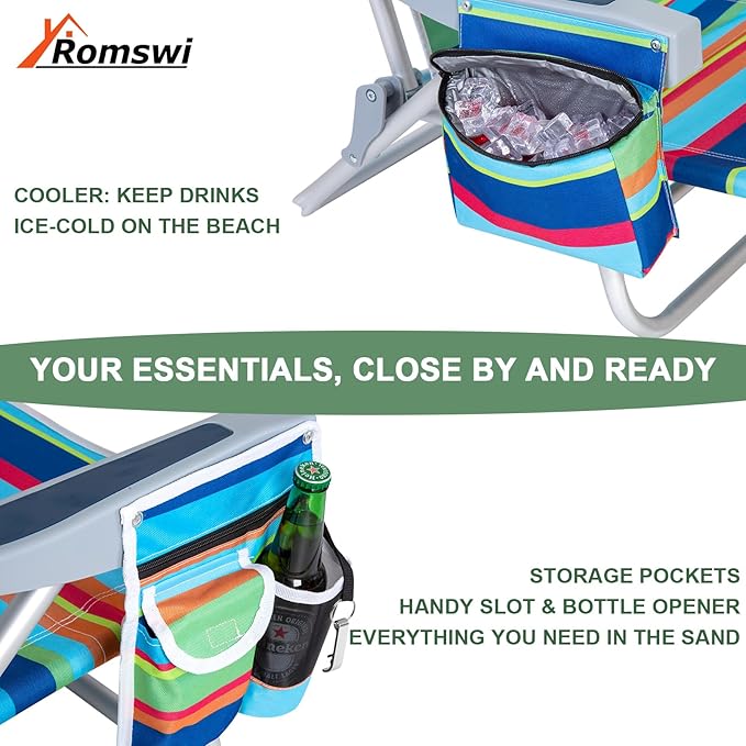 2Pk Aluminum 5-Position Lay Flat Folding Backpack Beach Chairs for Adults with Cooler Bag, Cup&Phone Holder, Towel Bar for Outdoor Lawn Picnic Sport, Portable Foldable Camping Chairs, Multi Stripes