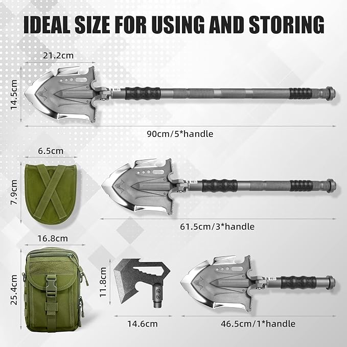 Zune Lotoo Survival Shovel Multitool with Axe, 29 in 1 Unbreakable Tactical Shovel Martensitic Steel kit, Compact Camping Shovel Folding Adjustable 7 Angles for Outdoors Gear Military Tool Gifts