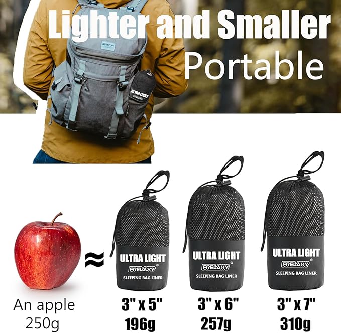 Frelaxy Ultralight Sleeping Bag Liner - Lighter & Compact, 3 Sizes Travel Sheets & Adult Sleep Sack, Comfy Breathable & Cooling & Silky Soft, Quick-Drying, for Backpacking, Hotel, Camping, Hostels