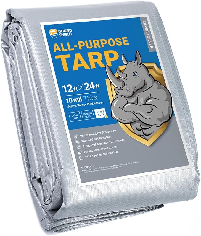 GUARD SHIELD Heavy Duty Tarp 12x24 Feet Silver Multi Purpose Thick Waterproof Poly Tarp Cover 10mil