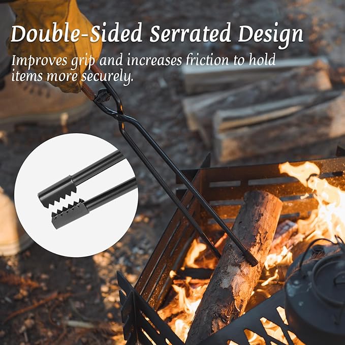 OMUKY Fireplace Tongs Log Claw Tongs with Faux Leather Handle Cover Log Grabber Clamp Tool for Indoor & Outdoor Camping Campfire Fireplace Fire Pit(Black)