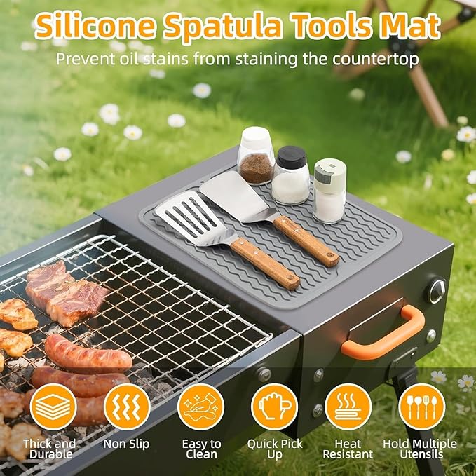 Silicone Grill Mat for Blackstone, Silicone Side Shelf Tool Mat, Outdoor BBQ, with Drip Pad Kitchen Countertop Heat Resistant, Griddle Accessories (Grey)