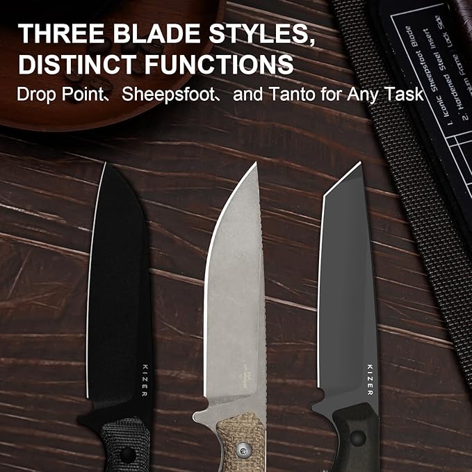 Kizer Begleiter Fix Fixed Blade Knife, 3.78" Drop Point 3V Blade Hunting Knives with Kydex Sheath, Brown Burlap Micarta Handle EDC Knife for Camping Hunting Survival 1045MD1
