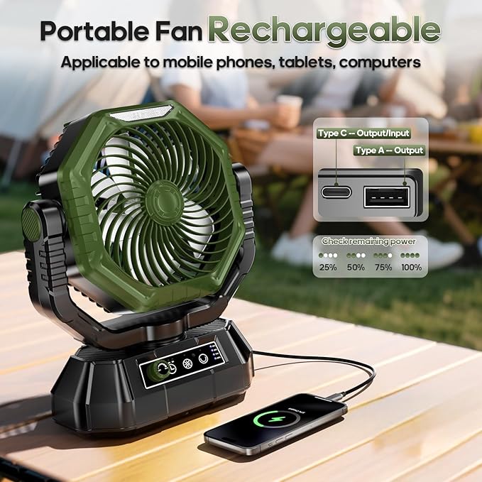 AJVV Camping Fan Rechargeable, Battery Powered Fan With Remote Controller, LED Light, Dual Motors, Stepless Speed, 45°/90°/270° Swing,Timer, Portable fan For Travel Tent Bedroom Beach Fishing, Green