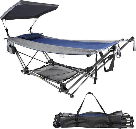 RedSwing Portable Folding Hammock with Stand,Fold Up Hammock with Removable Canopy,Pillow and Storage Net,Foldable Camping Hammock for Adults for Outdoor,Backyard,Beach,Garden,Lawn