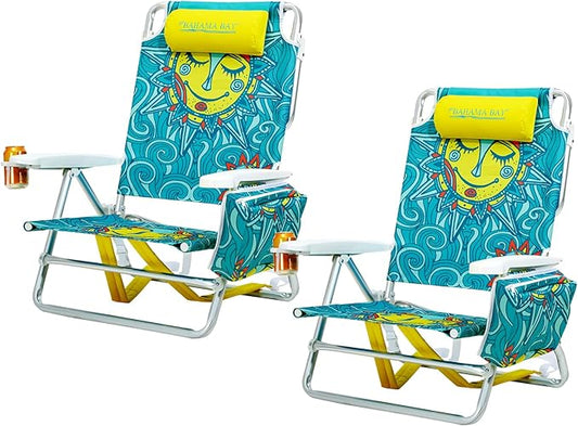 Reclining Beach Chair Backpack 5-Position Lay Flat Lounge Chair for Adults Heavy Duty Portable Folding Lightweight with Cooler Bag Camping Chair for Sand Outdoor
