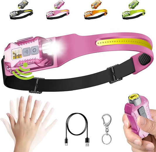 Head Lamp Led Rechargeable, 230° Wide Beam Sensing COB Headlamp Flashlight Detachable, 9 Light Modes, Hard Hat Lamp, IP65 Waterproof 400 Lumens for Camping, Hiking, Fishing, Working, Gift (Pink)