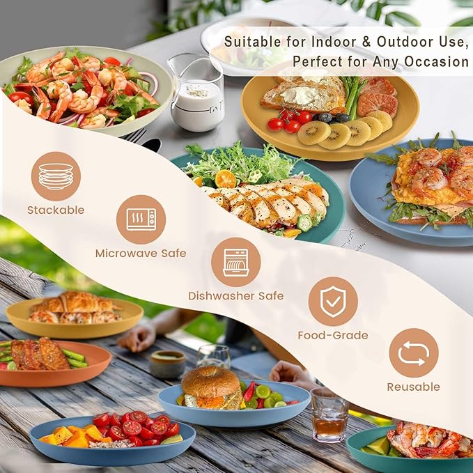 Homienly Wheat Straw Plates, 12-Pieces Unbreakable Dinner Plates - 9 Inch Alternative to Plastic Plates, Unbreakable Microwave and Dishwasher Safe Plate Set for Kitchen, Camping, Party - Multi