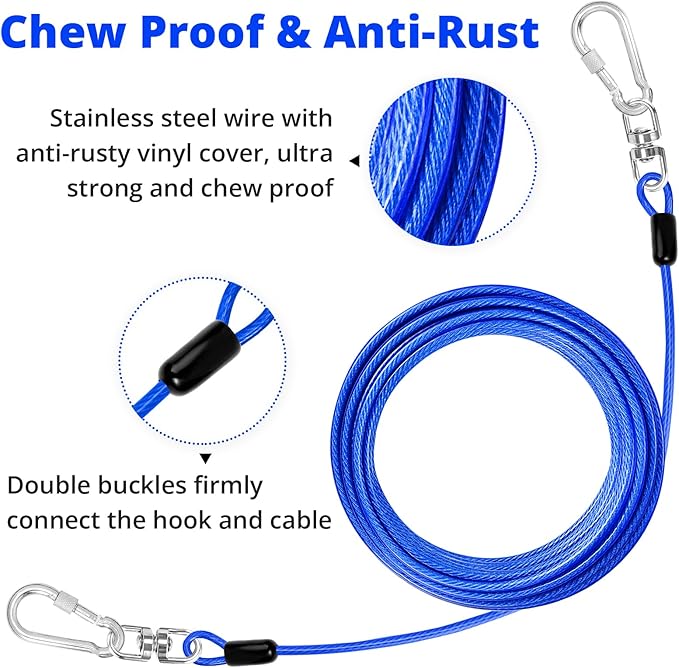 jenico Dog Tie Out Cable: 25ft Dog Lead for Yard - Heavy Duty Chain Leash Outside for Small Large Dogs Up to 500 lbs - Outdoor Dog Runner Tether