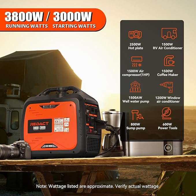 3800 Watts Portable Inverter Generator - Small Gasoline Powered for Home Backup, Camping, RV, Tailgating & Emergencies with CO Protection, Eco Mode, Recoil Start, Parallel Capable