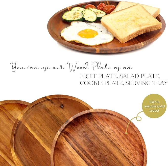 FANICHI Wooden plates (set of 4-11inch) Dinner Plates, Acacia Round Wood Plates, Unbreakable Classic Plates, Easy Cleaning & Lightweight for Dishes Snack, Dessert, Housewarming, Christmas Gift