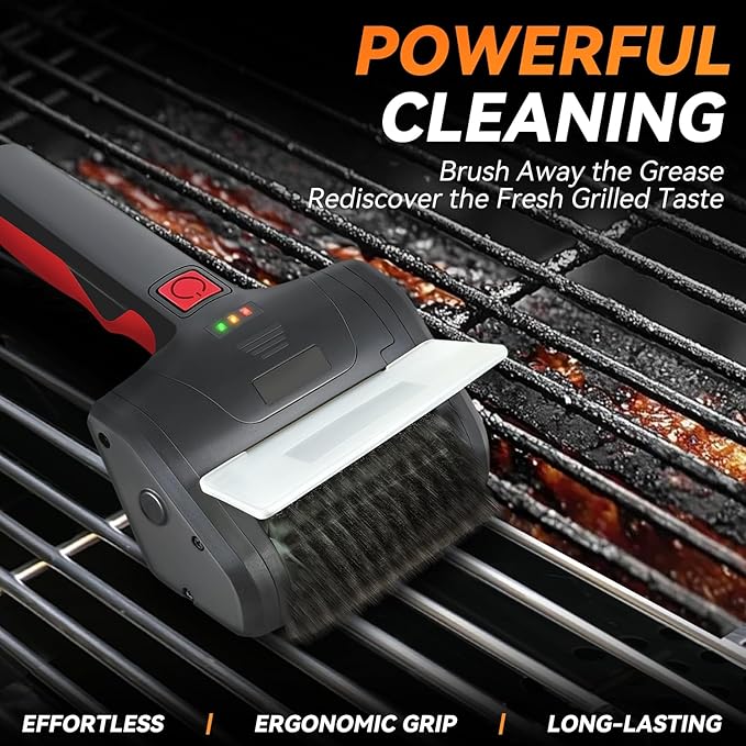 Auto Dynasty Cordless Electric Grill Brush, Rechargeable Grill Cleaning Scrub Brush with Rotating Cleaner Brush Head and Type-C Charging Cable for Outdoor Grill, Red/Black