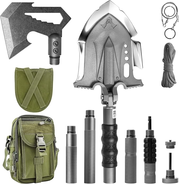 Zune Lotoo Survival Shovel Multitool with Axe, 29 in 1 Unbreakable Tactical Shovel Martensitic Steel kit, Compact Camping Shovel Folding Adjustable 7 Angles for Outdoors Gear Military Tool Gifts