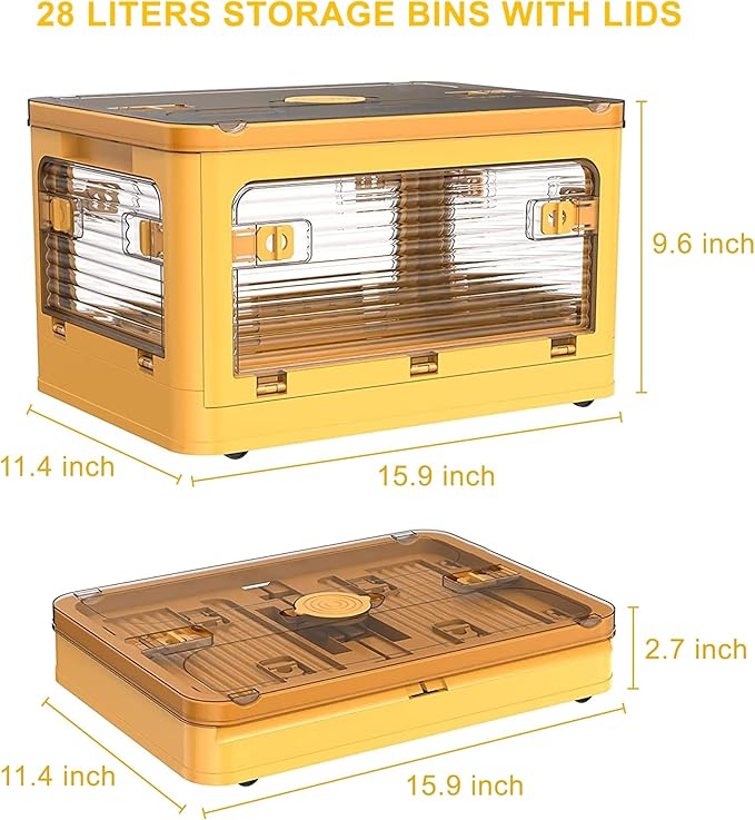 2 Pack Plastic 4 Doors Collapsible Storage Bins with Lid & Wheels, 28 Liters Folding Storage Bins, Stackable Multifunctional Box for Camping Clothes Snack Storage