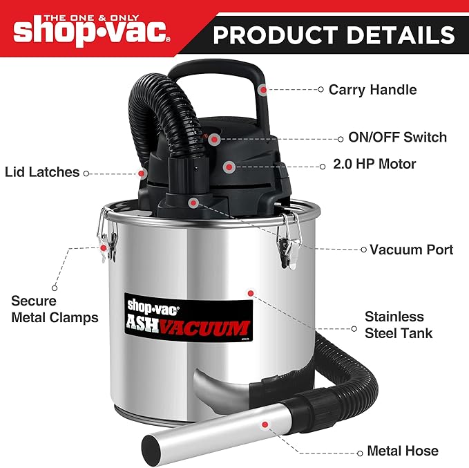 Shop-Vac 4 Gallon 2.0 Peak HP Ash Vacuum, 7.0 Amps Ash Vac Cleaner with HEPA Filter, Hose and Accessories for Fireplaces, Wood Stoves, Pellet Stoves and BBQ Grills. 4040988