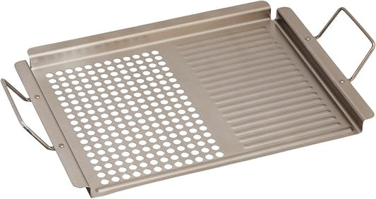 TableCraft BBQ2013, Stainless Steel Grilling Pan with Dual Surface and Handles, for Gas and Charcoal Grills, Keeps Food Secure, 18.75" x 12", Silver – Ideal for Outdoor BBQs