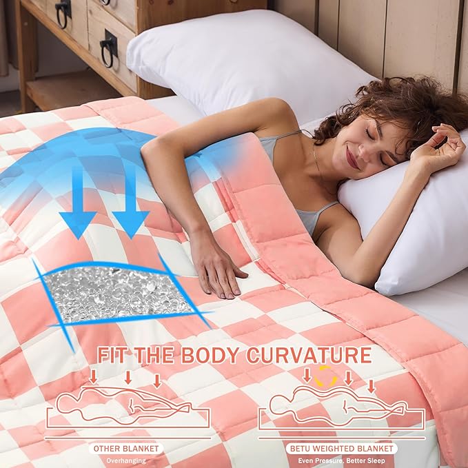 Pink Checkered Weighted Blanket for Adults 12lbs, 60"x80" Queen Size, Cooling Heavy Blanket for 110-130lbs with Premium Glass Beads, Soft Thick Big Blankets for All-Season Sleeping Comfort Breathable